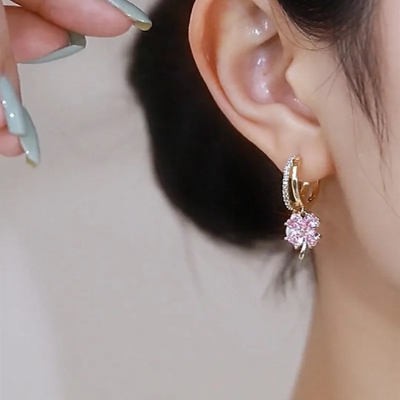 3/$35 Gold Hoop Earrings with Pink Crystal Flower Charm Dainty Sparkly Jewelry - Picture 1 of 6